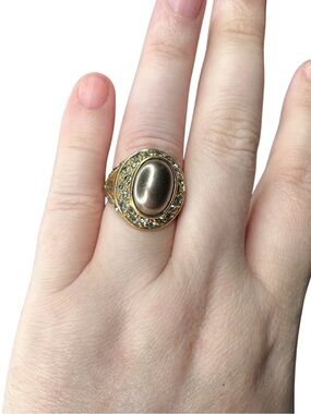 Gold Tone Oval Cabochon Ring with Crystal Halo - Women Jewelry